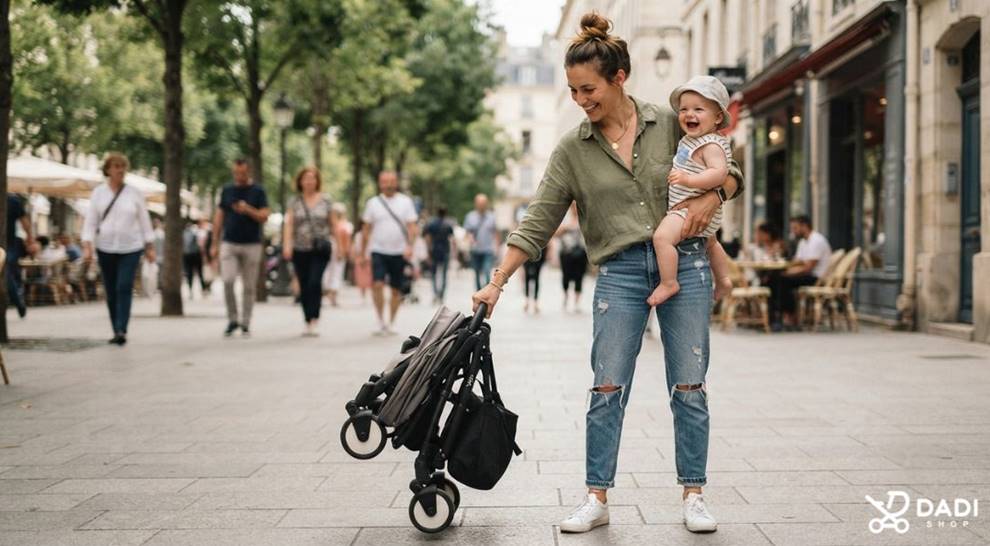 Mama składający spacerówkę jedną ręką podczas codziennego użytkowania